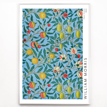 Closeup detail of Colorful botanical wallpaper and poster featuring fruits and leaves from Four Fruits pattern by William Morris on blue background for wall decor