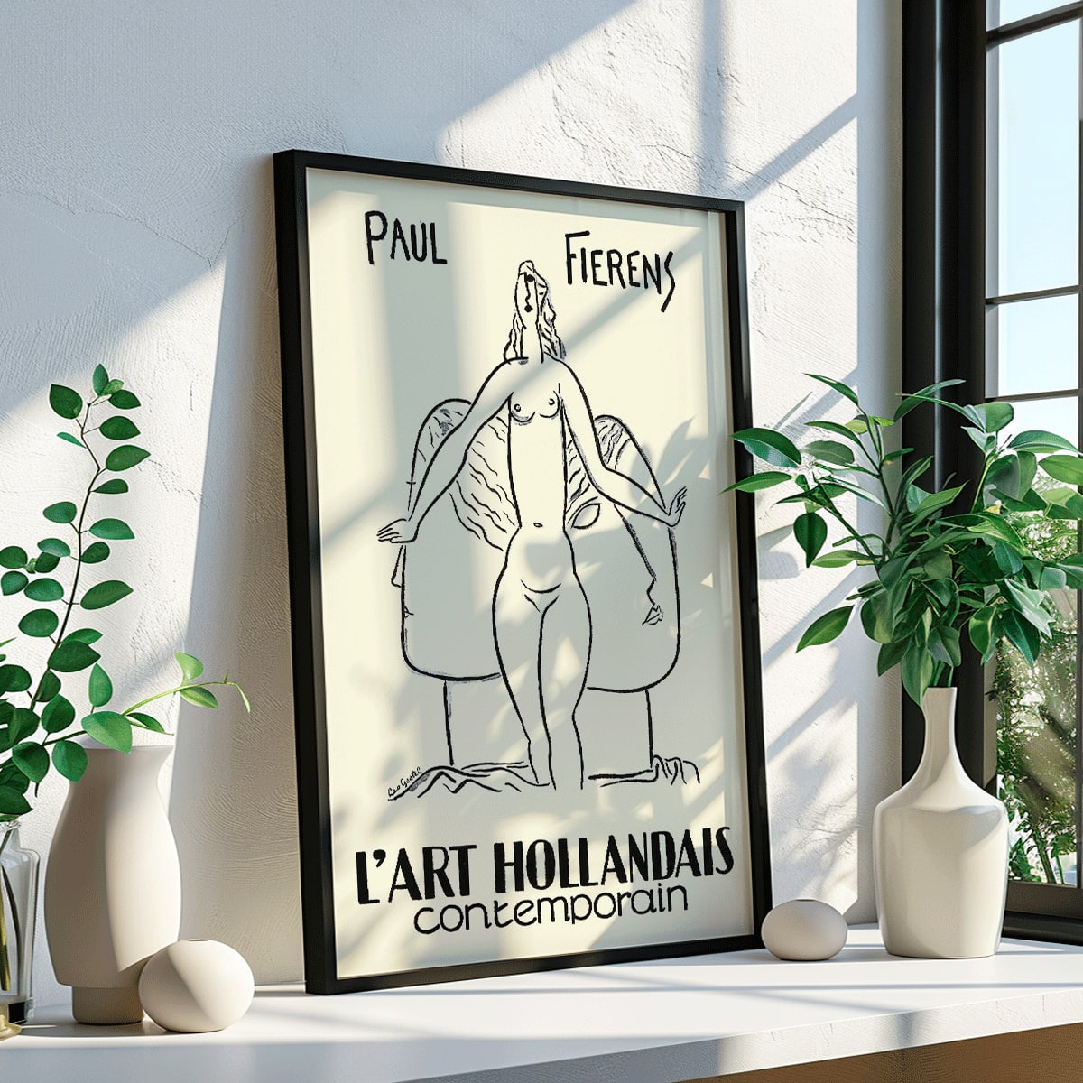 Black and white illustration poster of a nude woman and drawing of a nude figure by Paul Fierens in contemporary Dutch art from L Art Hollandais contemporain, framed and displayed in home decor