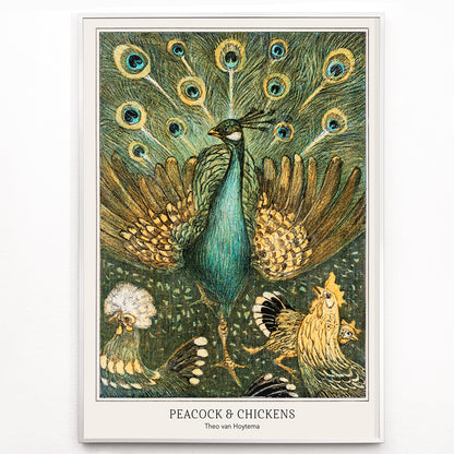 Closeup detail of Colorful peacock and chickens artwork vibrant poster by Theo van Hoytema featuring peacock with spread feathers and chickens from Peacock and Chickens