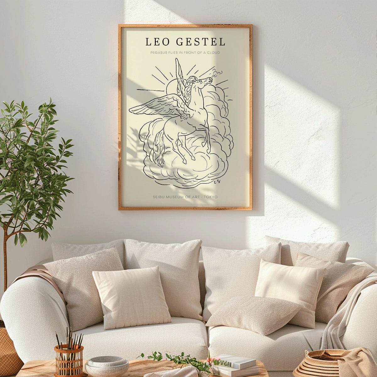 Pegasus flying in front of clouds line drawing illustration by Leo Gestel poster, framed and displayed in home decor