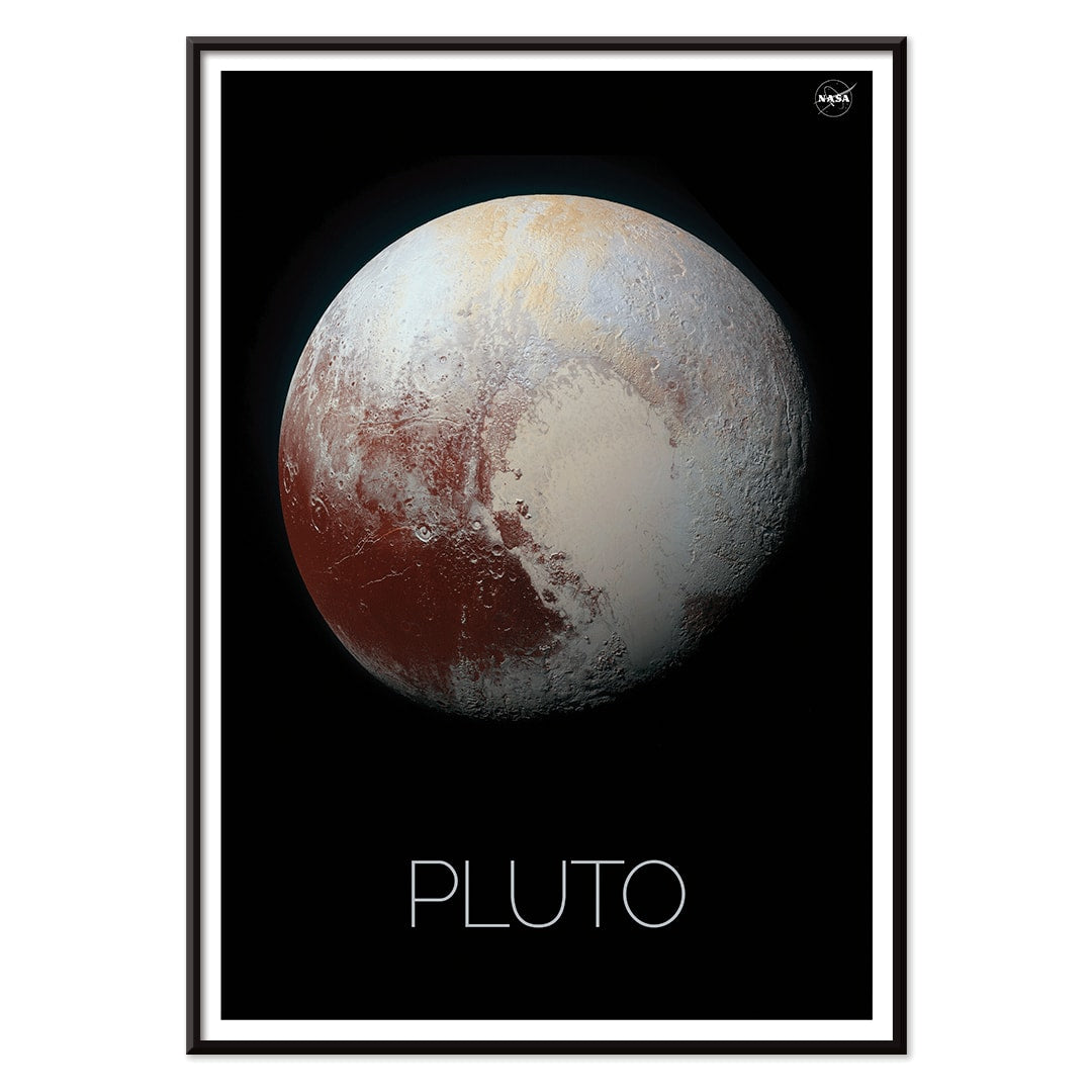Pluto by NASA black framed poster featuring detailed surface textures, with black aluminium frame on white background