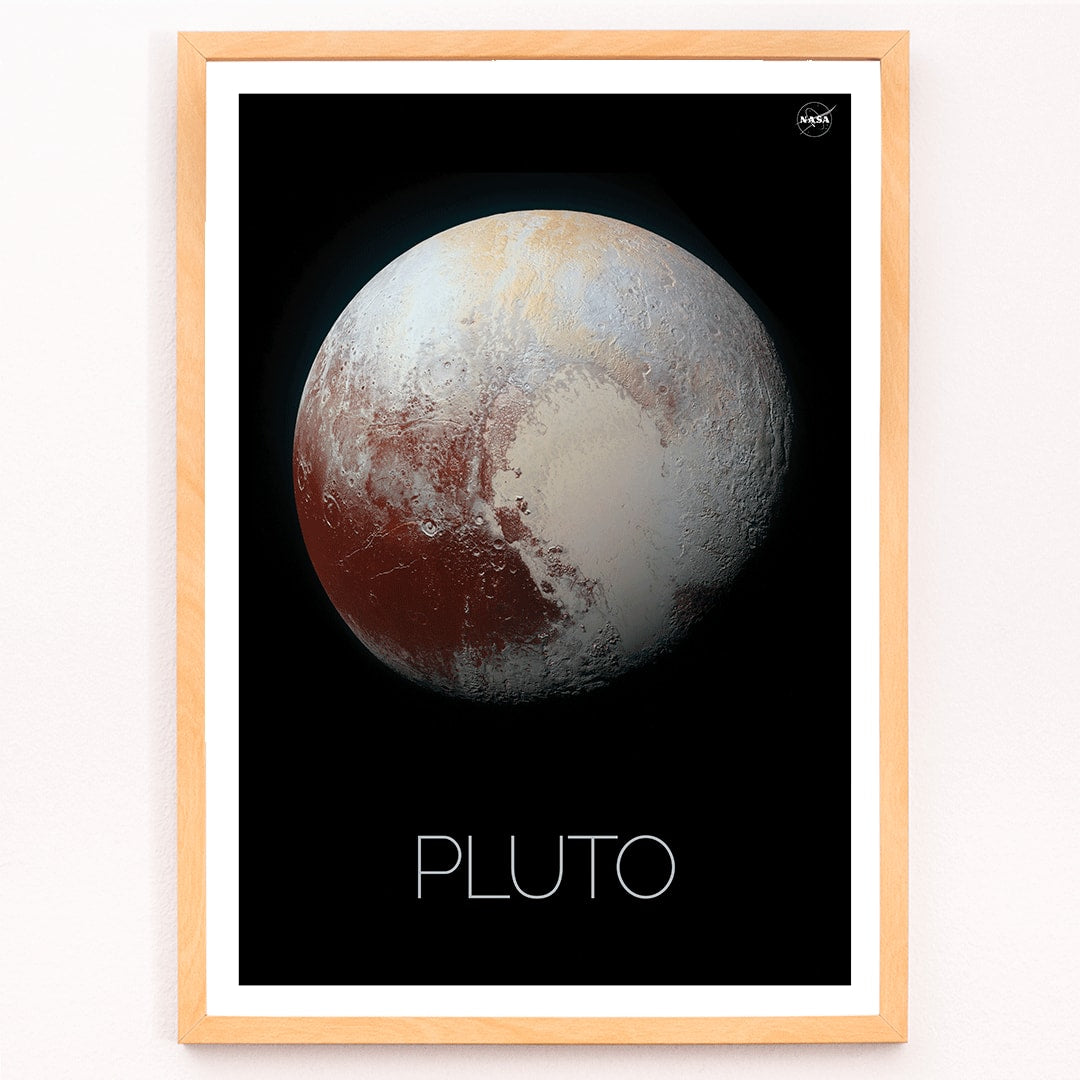 Pluto by NASA black framed poster featuring detailed surface textures, framed and displayed in modern living room decor