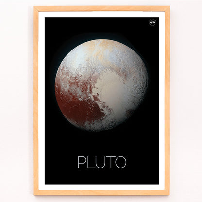 Pluto by NASA black framed poster featuring detailed surface textures, framed and displayed in modern living room decor