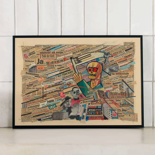 Political collage with newspaper clippings geometric figure and skull by Karl Wiener titled Political collage poster, framed and displayed in home decor
