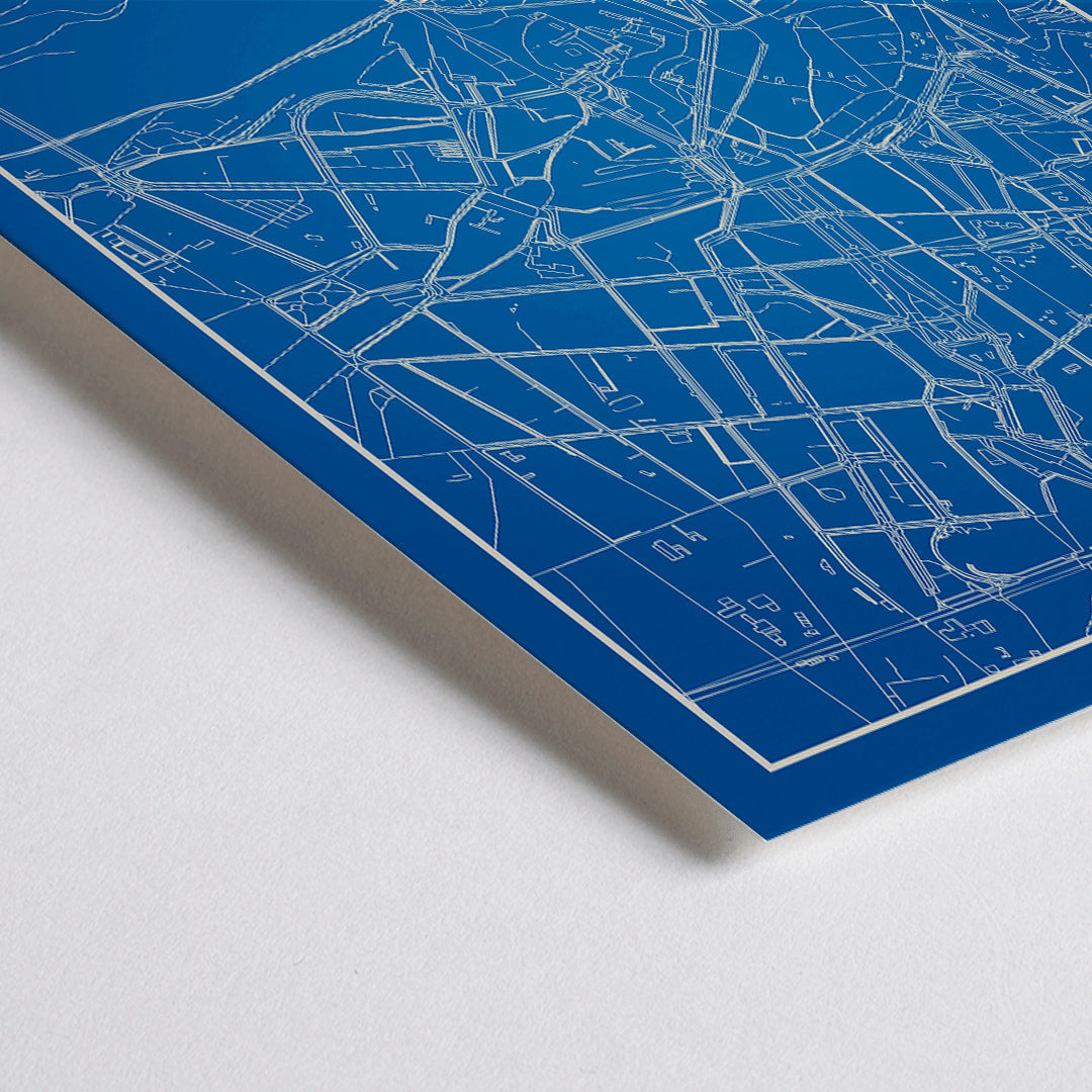 Closeup detail of Minimalist blue map of Porto framed poster with white lines modern wall art
