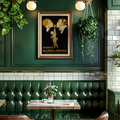 Porto Ramos-Pinto poster by Rene Vincent with two people about to kiss and a cherub holding a wine glass, framed and displayed in home decor