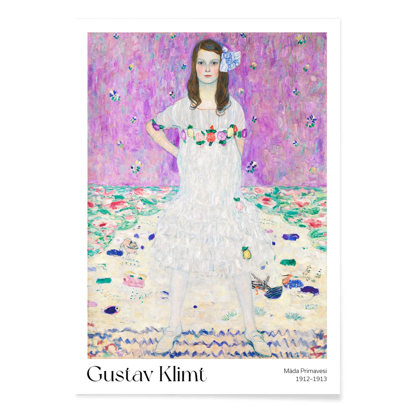 Mada Primavesi by Gustav Klimt poster featuring a young girl in a white dress with a colorful floral background, with black aluminium frame on white background