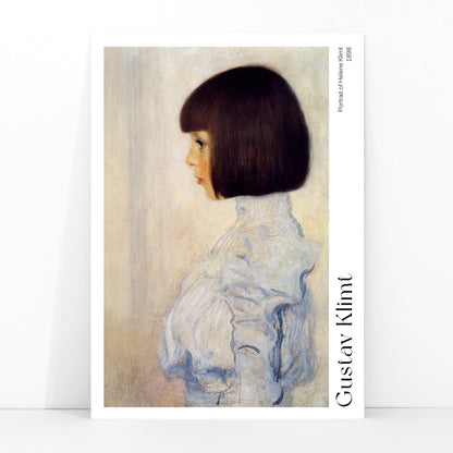 Side profile of young girl in white dress and blouse Portrait of Helene Klimt by Gustav Klimt poster, framed and displayed in modern living room decor
