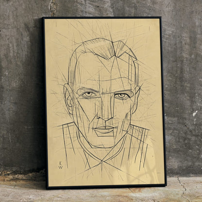 Line drawing and poster of a mans face by Karl Wiener titled Porträt featuring geometric angular portrait details, framed and displayed in modern living room decor