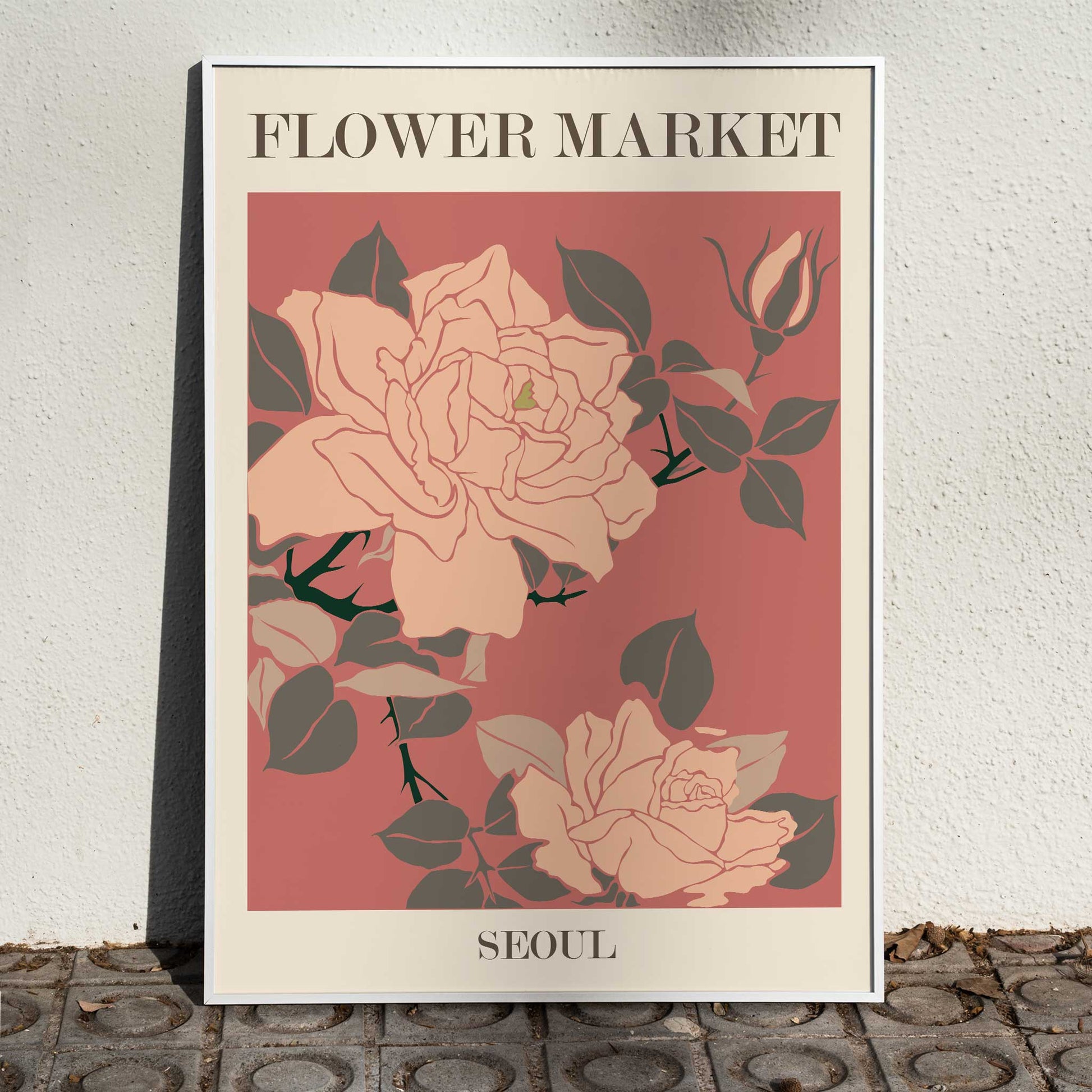 Botanical illustration and poster of roses and pink flowers with green leaves on red background Flower Market Seoul by Moryarty, framed and displayed in home decor