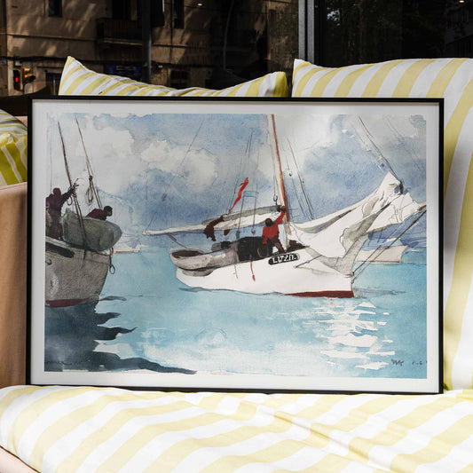 Vibrant fishing boats on turquoise blue water painted by Winslow Homer in Fishing Boats Key West perfect coastal decor poster, framed and displayed in home decor