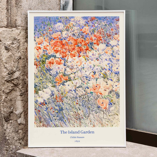 Colorful floral painting The Island Garden by Childe Hassam featuring vibrant wildflowers and a lush garden scene, framed and displayed in home decor