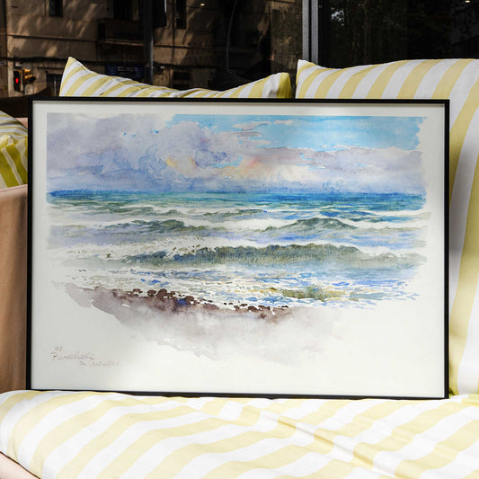 Seascape painting and seaside landscape with waves at Pwllheli North Wales by George Elbert Burr on a poster showing clouds, framed and displayed in home decor