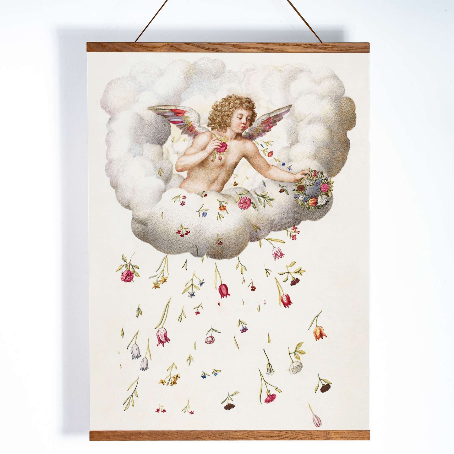 Angel or cherub with wings sitting on a cloud scattering flowers La Guirlande de Julie illustration artwork poster, with wooden magnetic frame on white background