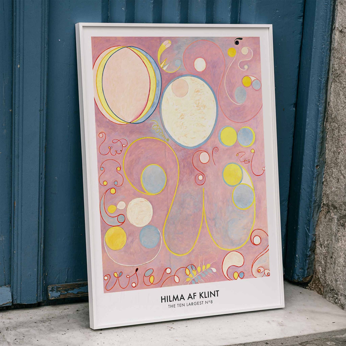 Abstract colorful swirls and pastel shapes on pink background painting and poster from The Ten Largest Adulthood by Hilma AF Klint, framed and displayed in home decor