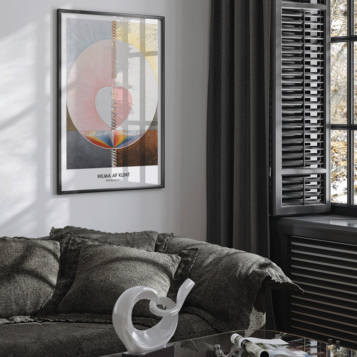 Abstract geometric spiritual art poster with pastel colors and shapes from The Dove by Hilma af Klint modern wall decor, framed and displayed in modern living room decor