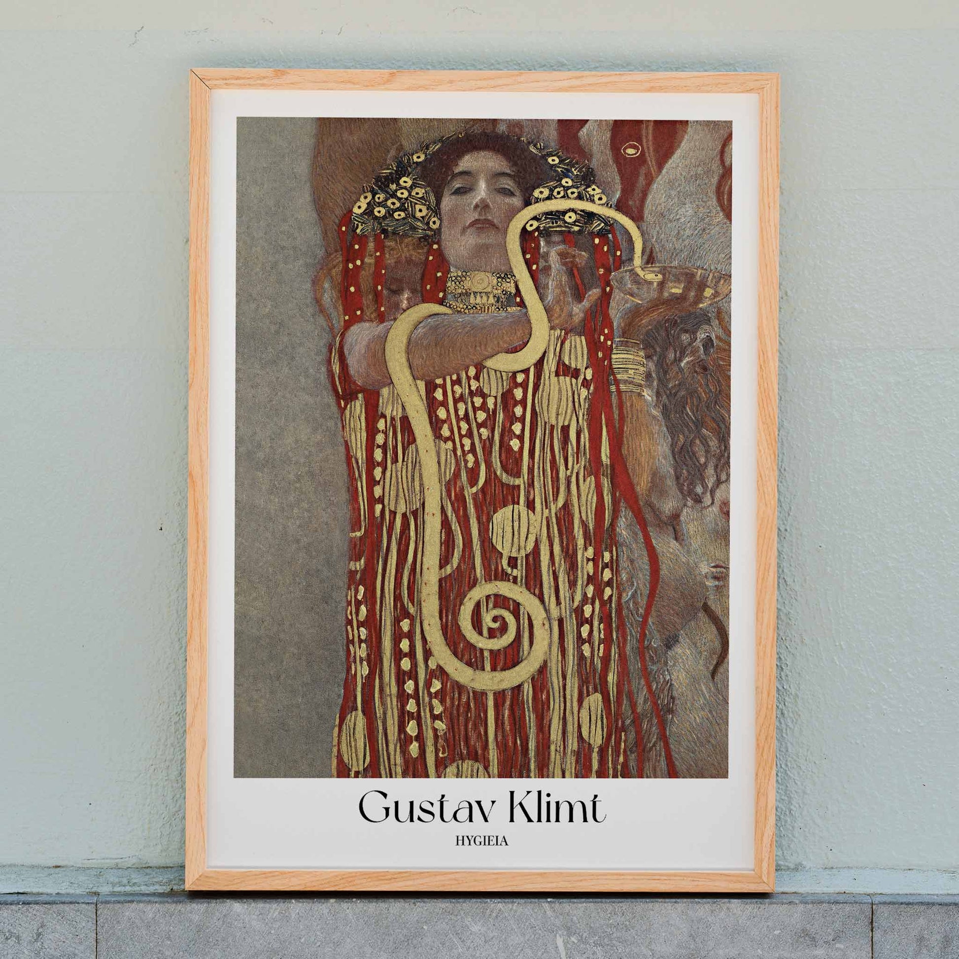 Hygieia by Gustav Klimt woman in ornate red and gold robe holding a snake art poster, framed and displayed in home decor