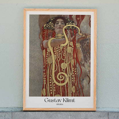 Hygieia by Gustav Klimt woman in ornate red and gold robe holding a snake art poster, framed and displayed in home decor