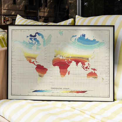 Colorful vintage world map of global climate and temperature zones by Wilhelm Ebel, framed and displayed in home decor