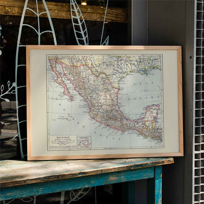 Antique map of Mexico by Institute of Liepzig detailed geographic illustration showing regions and borders German antique map poster, framed and displayed in home decor