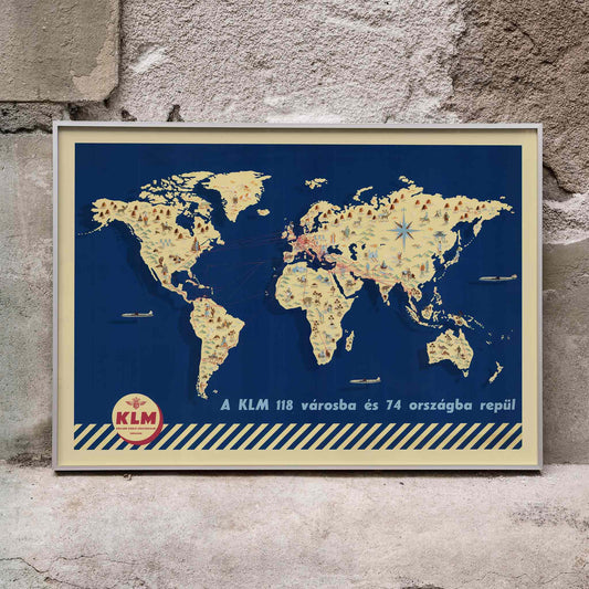 KLM World Map vintage airline route poster featuring artistic details and historic flight routes, framed and displayed in home decor