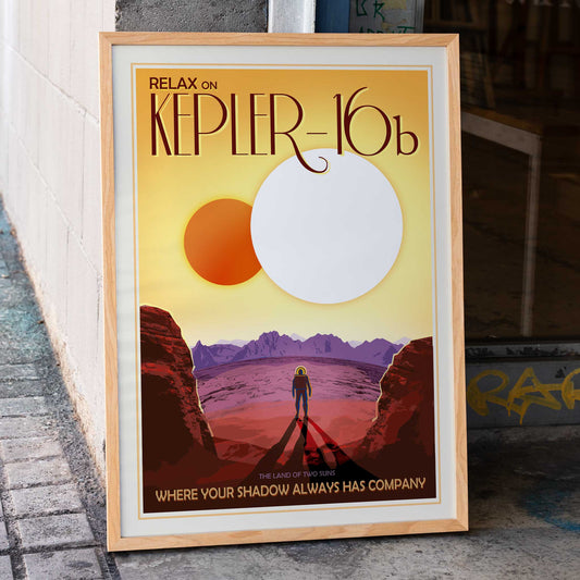 Astronaut on rocky alien landscape with twin suns in the sky Relax on Kepler-16b NASA space poster, framed and displayed in home decor