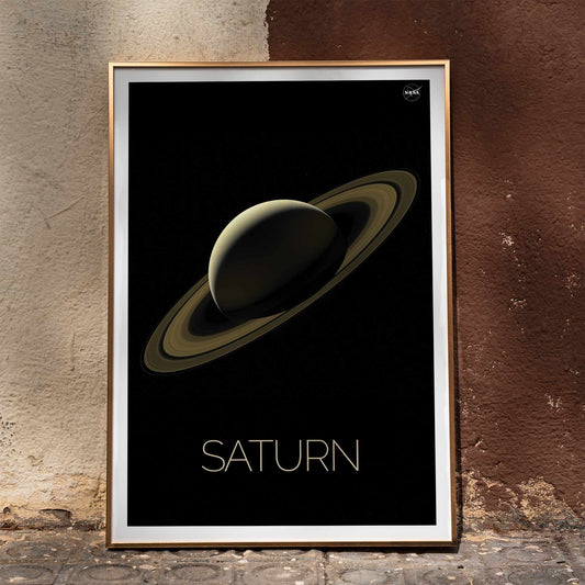 NASA illustration and poster of planet Saturn with rings against black background, framed and displayed in home decor