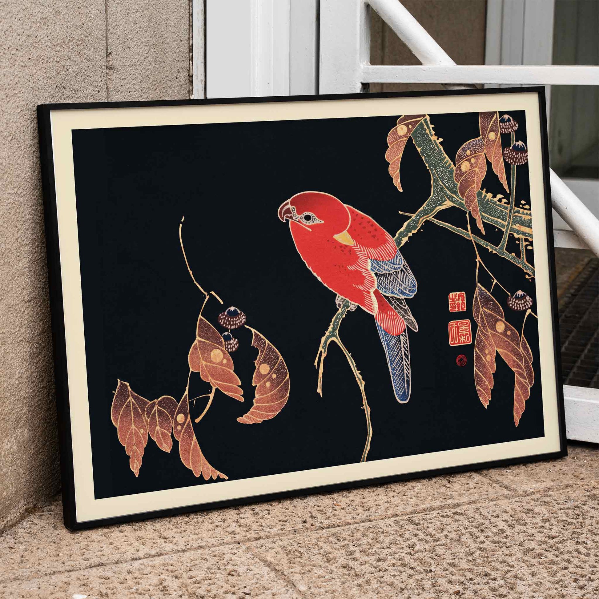 Vibrant red parrot perched on a tree branch artwork by Ito Jakuchu showcasing intricate details and colors poster, framed and displayed in home decor