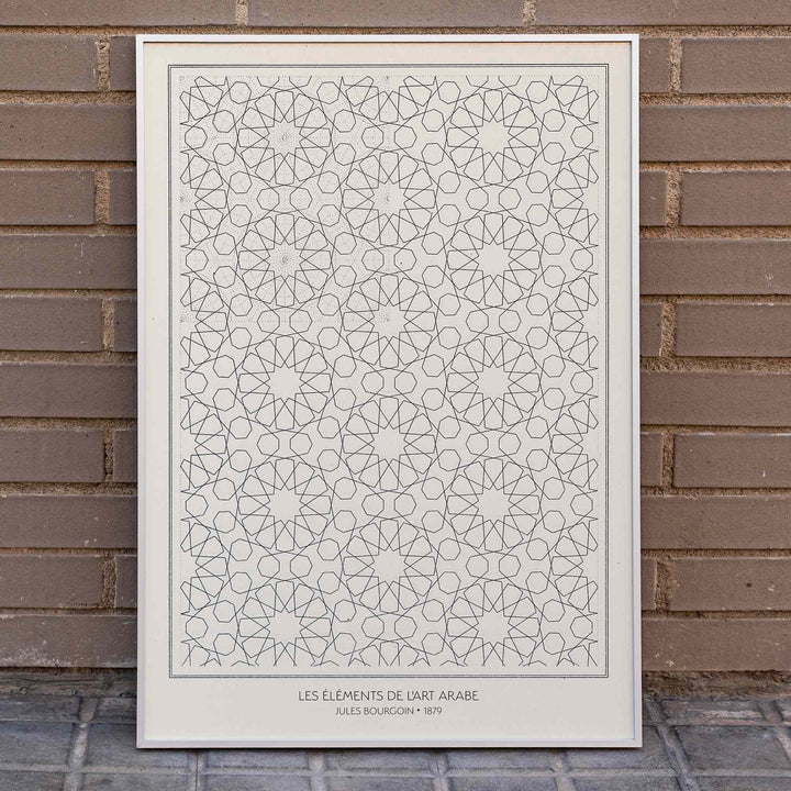 Intricate geometric patterns by Jules Bourgoin from Les elements de l art arabe poster, framed and displayed in home decor