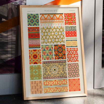 Poster of Persian 2 vintage pattern from Grammar of Ornament by Owen Jones with intricate and colorful geometric designs, framed and displayed in home decor