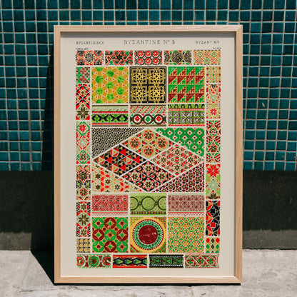 Byzantine 3 vintage pattern by Owen Jones from Grammar of Ornament book featuring colorful intricate geometric designs, framed and displayed in home decor