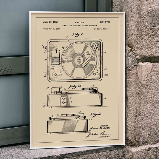 Vintage turntable patent illustration and technical drawing poster by R M Like ideal music lover decor, framed and displayed in home decor