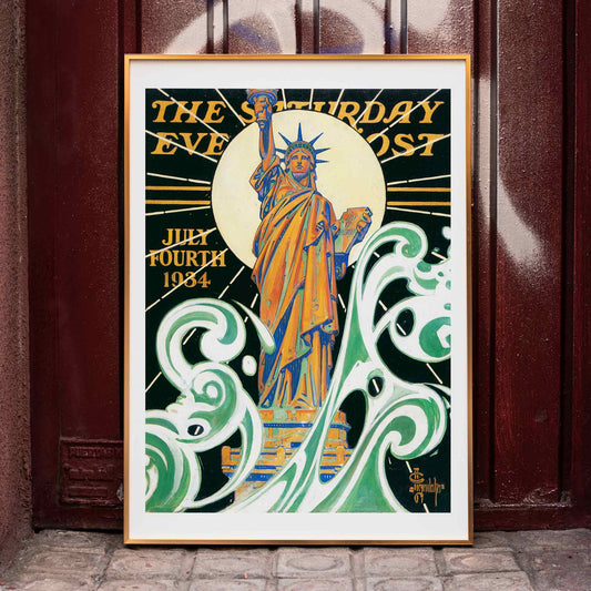 Colorful Statue of Liberty artwork with bold waves and sunburst by J C Leyendecker poster titled Statue of Liberty, framed and displayed in home decor