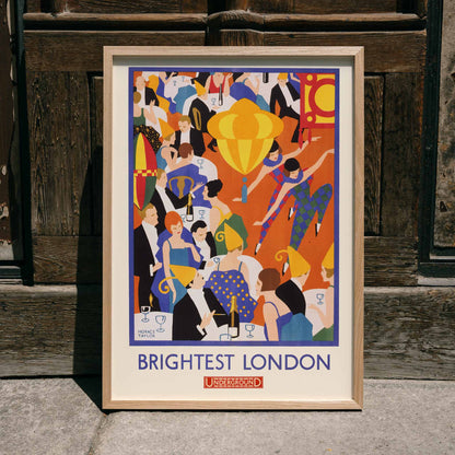 Colorful lively party scene with elegantly dressed dancing couples by Horace Taylor titled Brightest London and home by Underground poster, framed and displayed in home decor