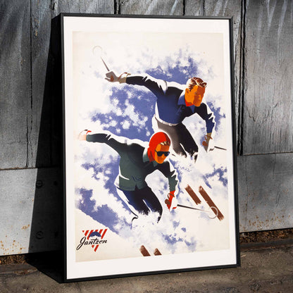 Poster of man and woman skiing down snowy slope artwork by Joseph Binder, framed and displayed in home decor