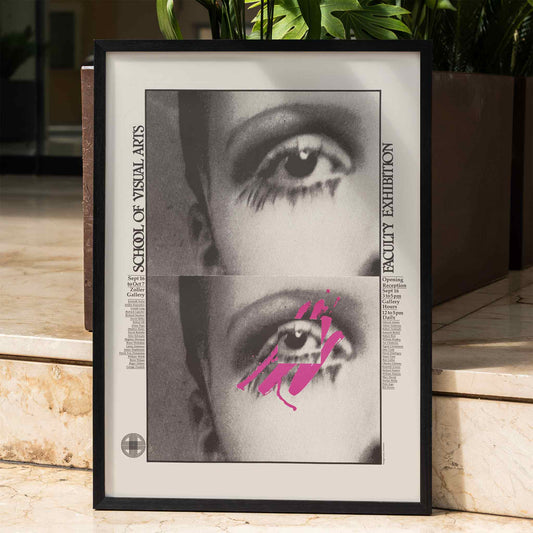 Poster with abstract and stylized eye designs by Lanny Sommese for School of Visual Arts faculty exhibition with pink accents, framed and displayed in home decor