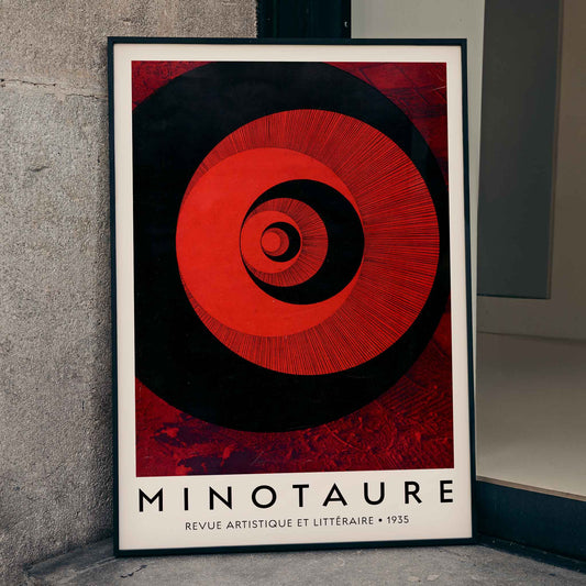 Abstract red and black spiral artwork and concentric circles pattern Minotaure revue artistique et litteraire poster by E Teríade, framed and displayed in home decor