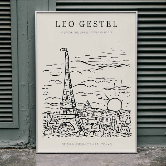 Artwork by Leo Gestel View of the Eiffel Tower in Paris sketch of Eiffel Tower and cityscape poster, framed and displayed in home decor