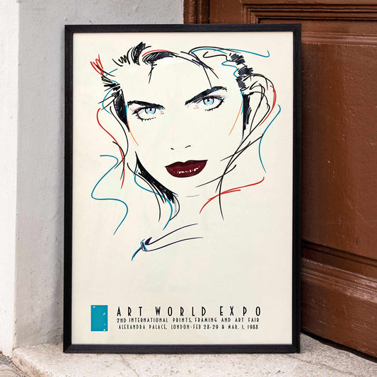 Metropolis Julie female portrait by Dennis Mukai colorful abstract lines bold lips poster at Art World Expo, framed and displayed in home decor