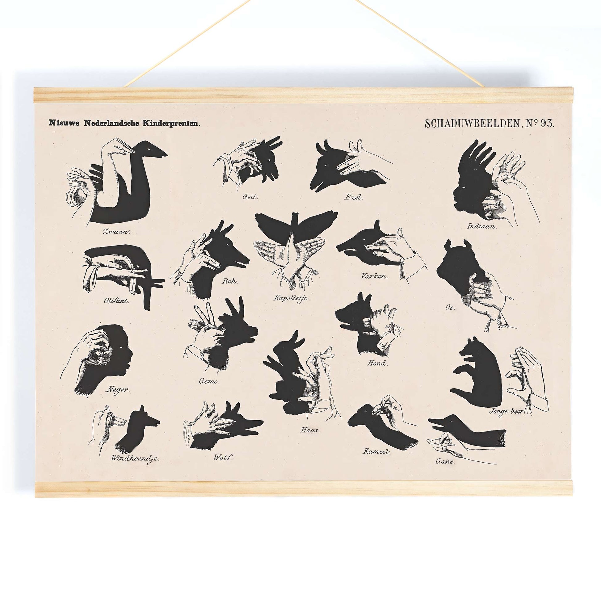 Vintage hand shadow puppet illustrations and animal shapes poster from Shadow Hands by George Lodewijk Funke artwork, with wooden magnetic frame on white background