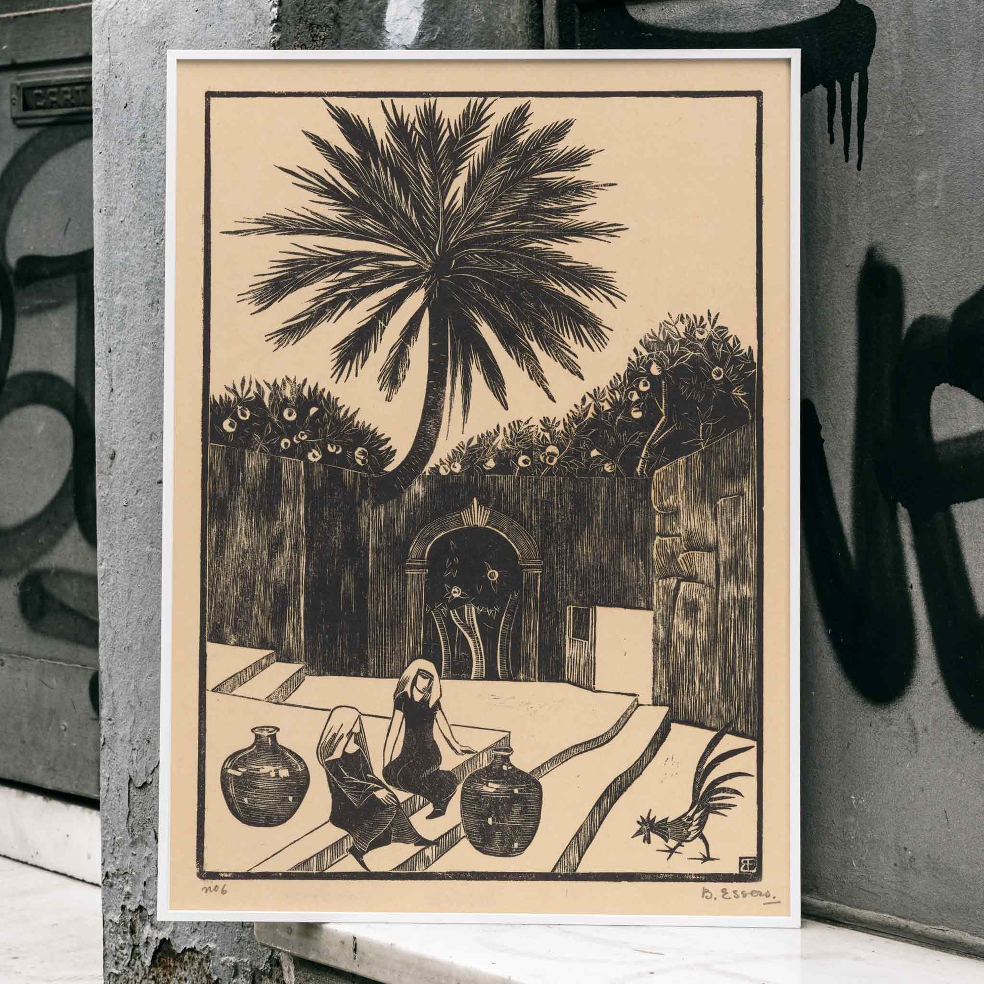 Street with steps in Taormina Sicily featuring palm tree two women with jugs and figures outdoor scene artwork by Bernard Essers, framed and displayed in home decor