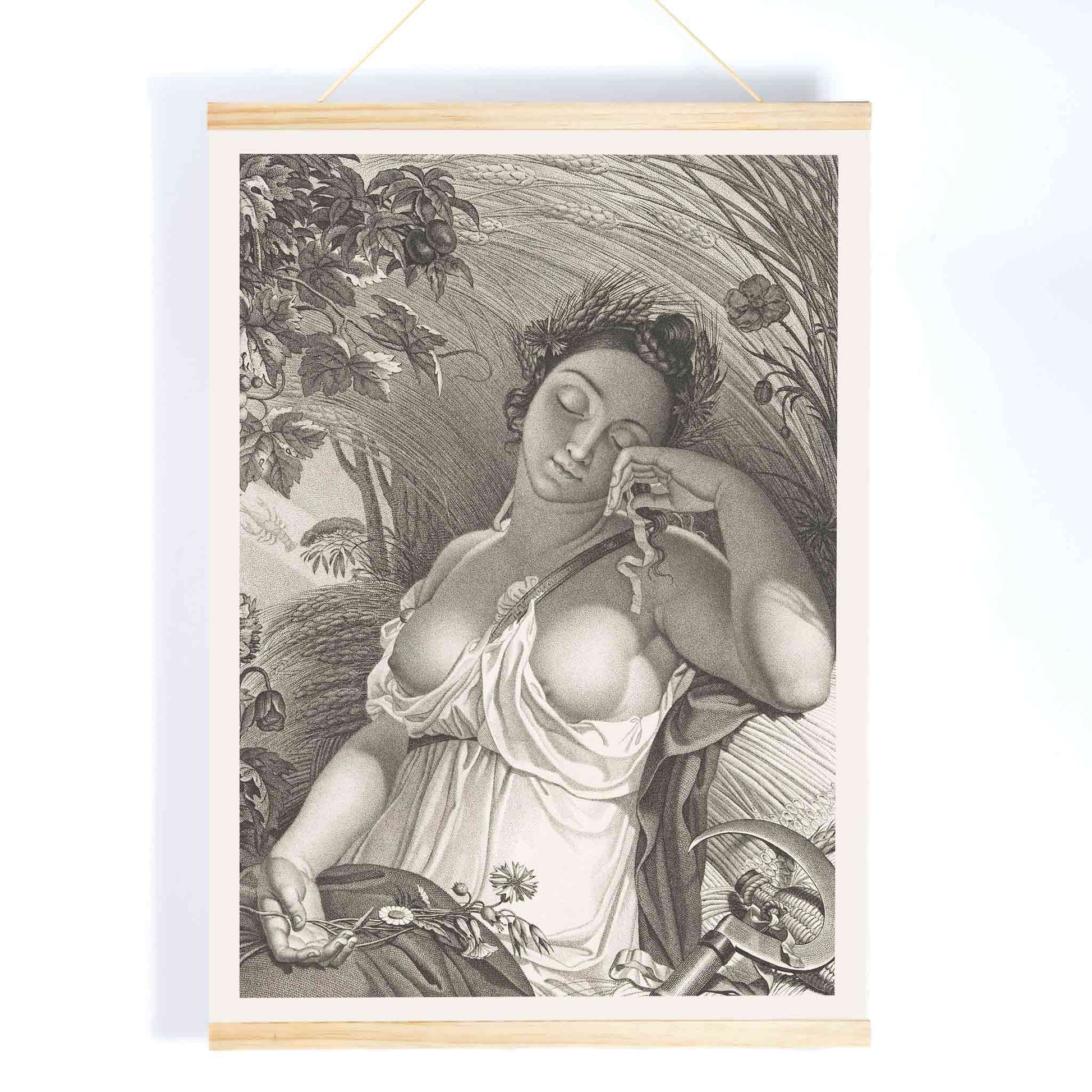 Sleeping Woman by Salvatore Tresca serene woman sleeping in a lush natural setting with flowers and wheat poster, with wooden magnetic frame on white background