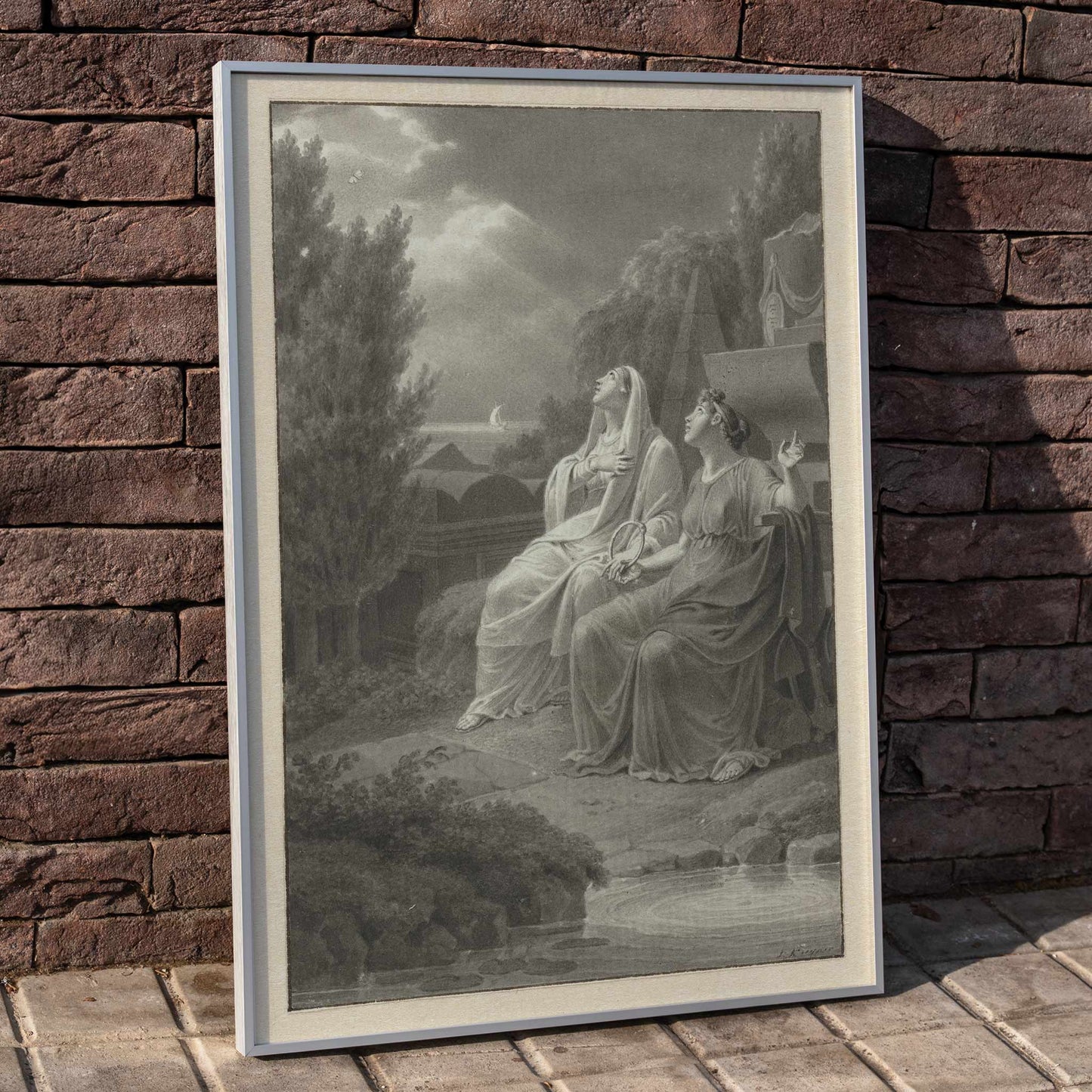 Two women in classical attire seated outdoors gazing at the night sky artwork by Jacques Kuyper, framed and displayed in home decor