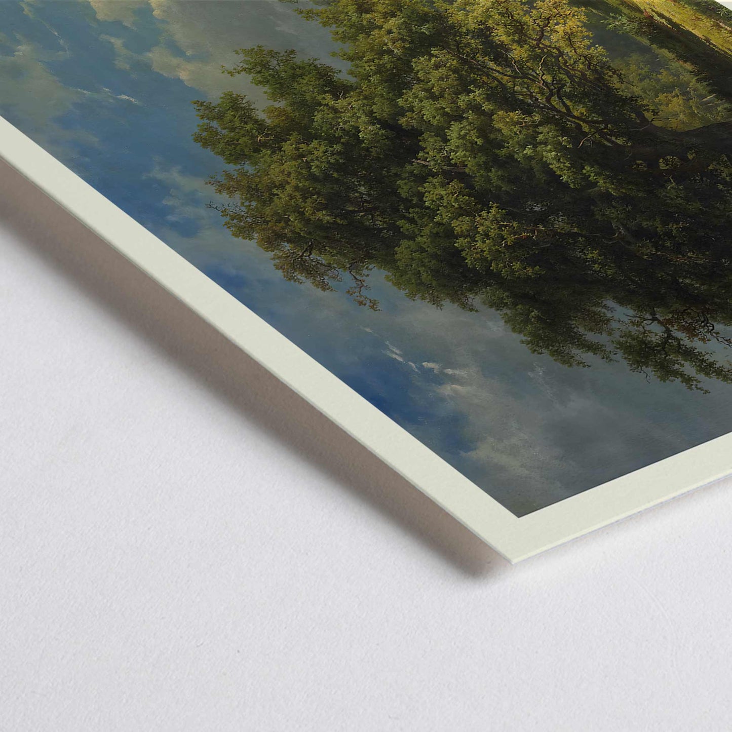 Closeup detail of Pastoral landscape poster of The Bentheim Forest by George Andries Roth showing lush green forest large trees and people working with horses