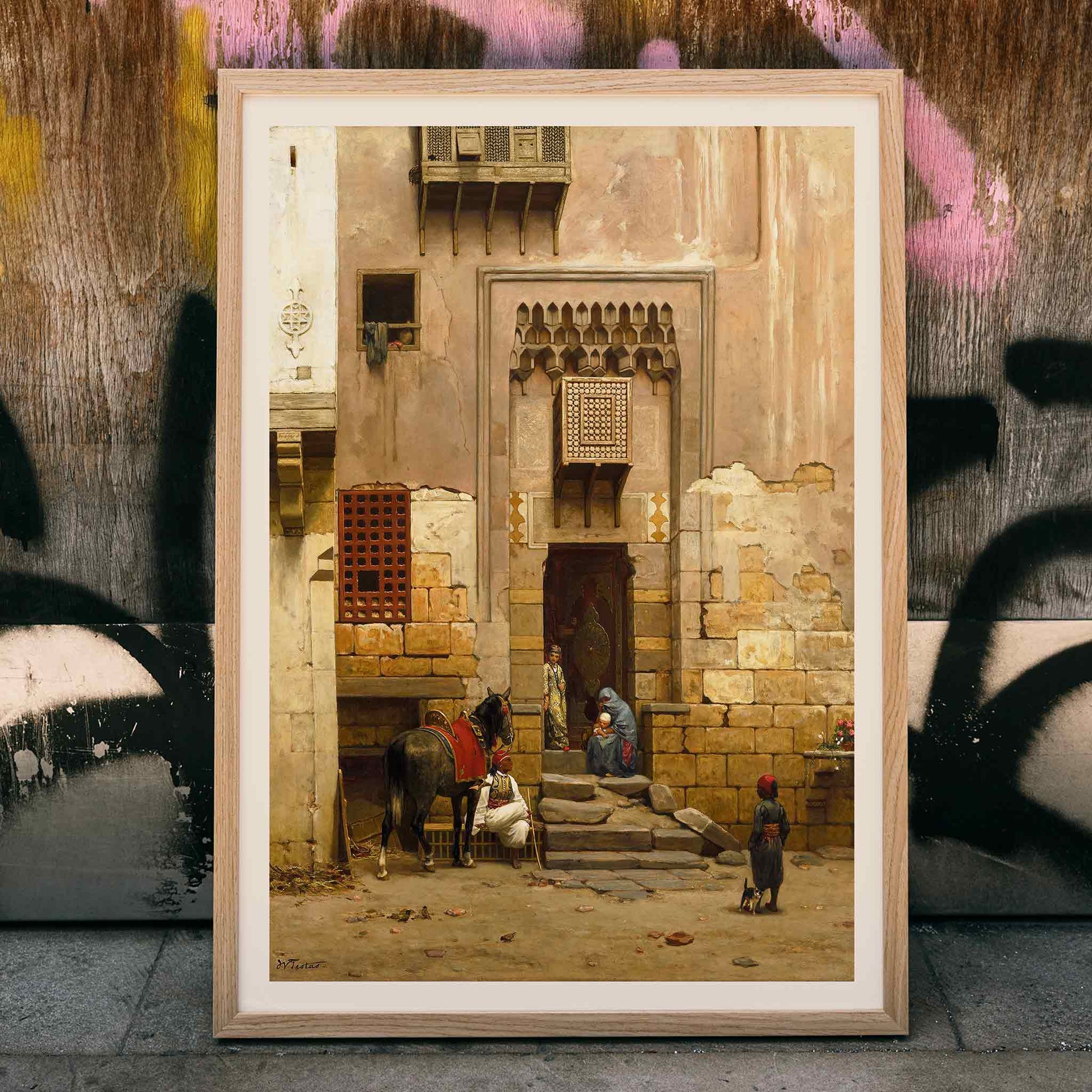 People and a horse in a sunlit Middle Eastern courtyard from The Courtyard of a house in Cairo by Willem de Famars Testas poster with architectural details, framed and displayed in modern living room decor