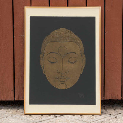 Minimalist golden Buddha head illustration artwork by Reijer Stolk on dark background poster titled Head of Buddha, framed and displayed in home decor