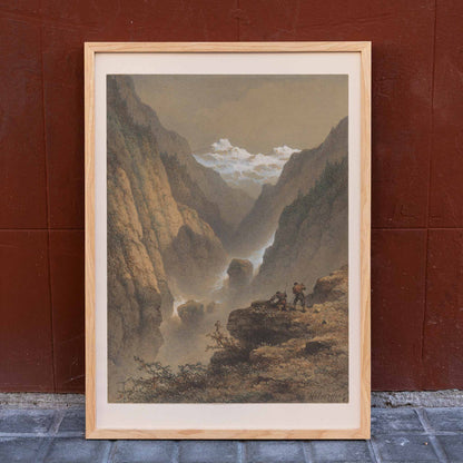 Two men hiking in dramatic mountain landscape poster by Johannes Hilverdink showing two guys in rocky mountains artwork, framed and displayed in home decor