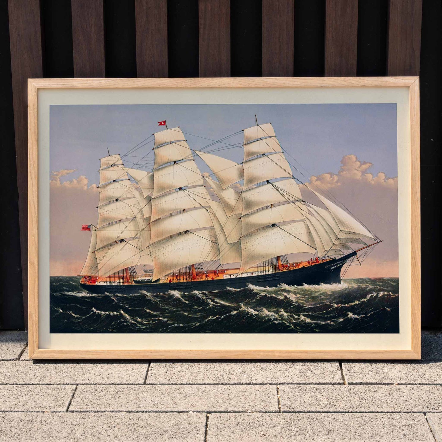 Clipper Ship Three Brothers by Currier and Ives majestic sailing ship poster at sea largest vessel in the world, framed and displayed in home decor