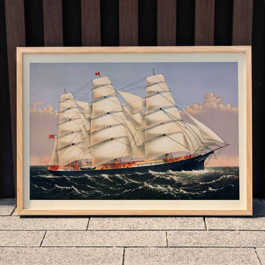 Clipper Ship Three Brothers by Currier and Ives majestic sailing ship poster at sea largest vessel in the world, framed and displayed in home decor