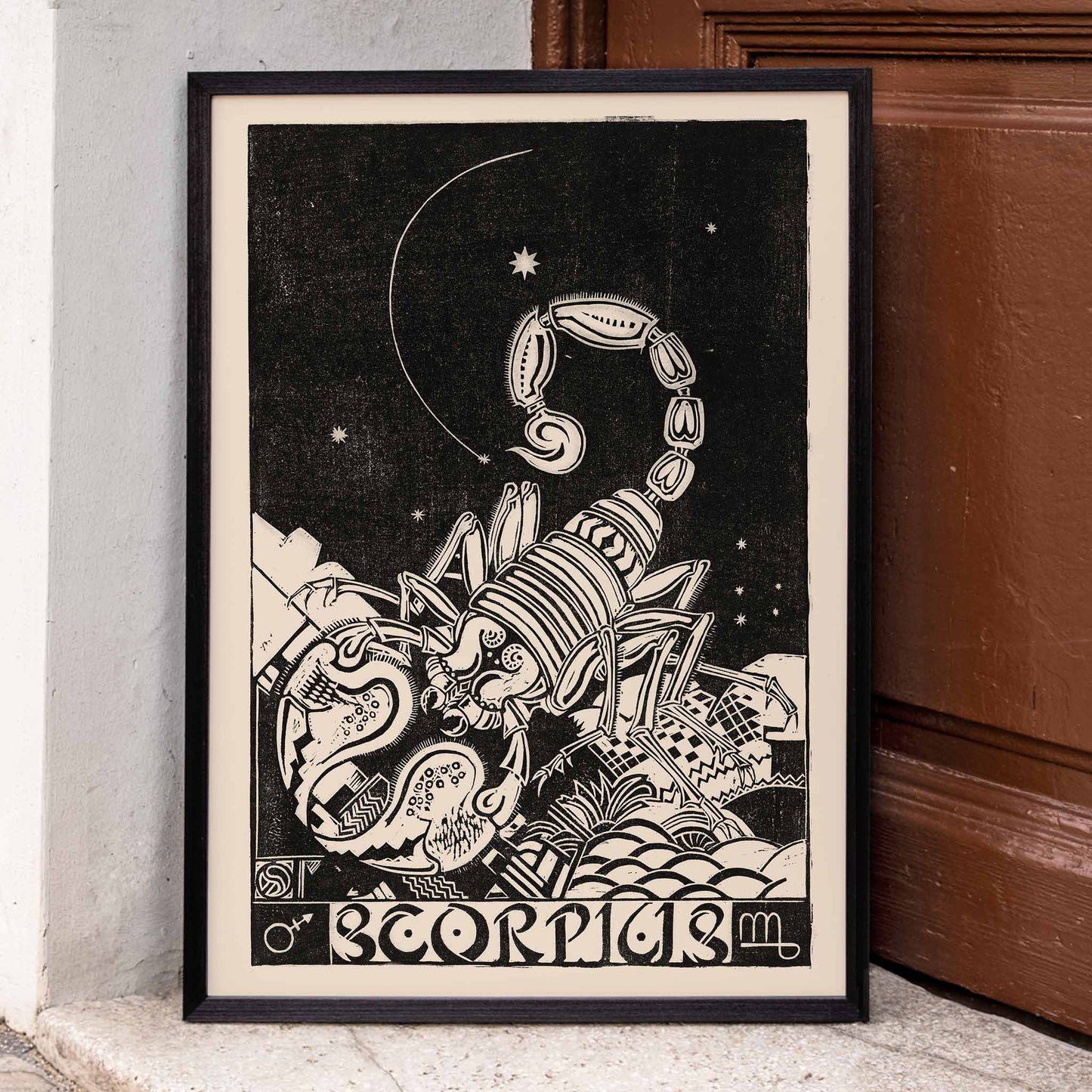 Black and white illustration of a scorpion beneath stars in Scorpius by Henri van der Stok poster artwork, framed and displayed in home decor